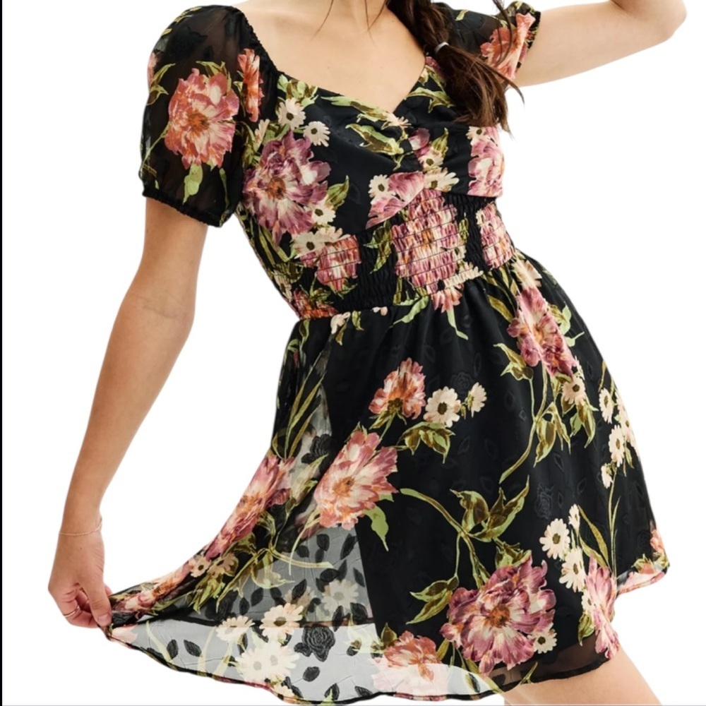 Floral Black Puff-Sleeve Feminine Milkmaid Mini Dress